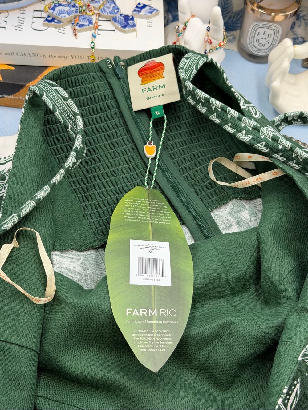 🆕 FARM Rio 🧿 NWT Miranda Buckles Maxi Dress, Dark Green & White Linen - Sz XL - Picture 14 of 15